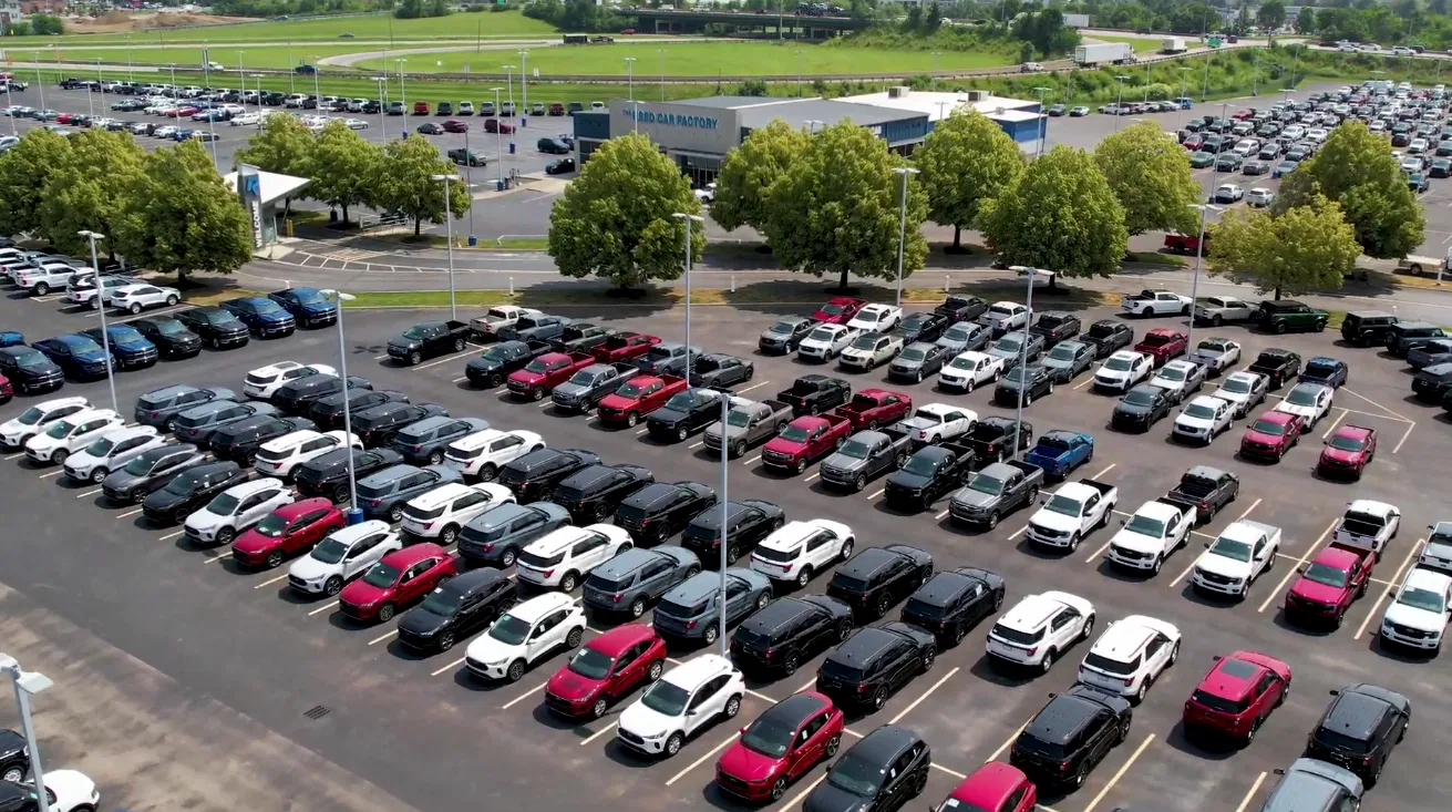 Aerial view of the massive inventory lot at Ricart Used Car Factory
